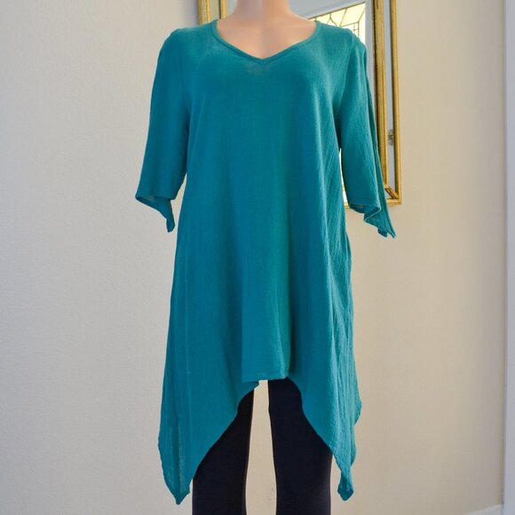 Fiaga Mexico Women Green Handkerchief Tunic Top Bell Shape Open Sleeves Cotton S - Picture 3 of 13